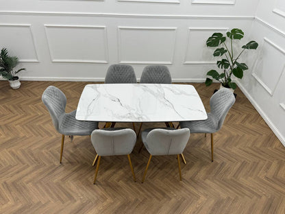 Vero Dining Set  White Marble Top &amp; Gold Base with 6 L Grey  Quilted Chairs