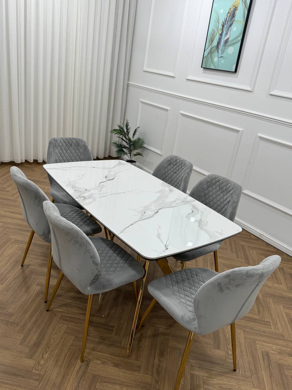 Vero Dining Set  White Marble Top &amp; Gold Base with 6 L Grey  Quilted Chairs