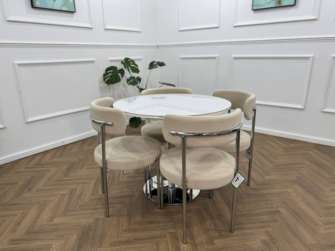 LUXE DINING SET-VELVET-BEIGE-SILVER