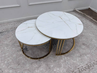 Dark Gray Celine Sintered Stone Nesting Coffee Tables – White &amp; Gold