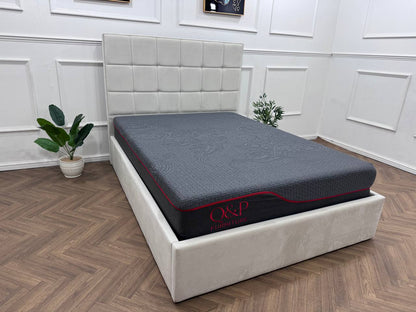 Velora Panel Upholstered Storage Bed – Modern Grey &amp; Beige Bed with Hydraulic Lift