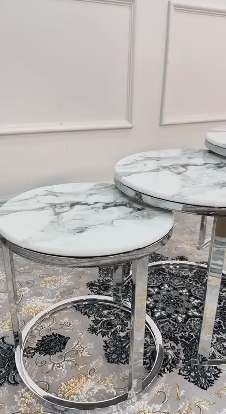 Monaco 3-Piece Nesting Coffee Table Set – Marble Effect &amp; Silver