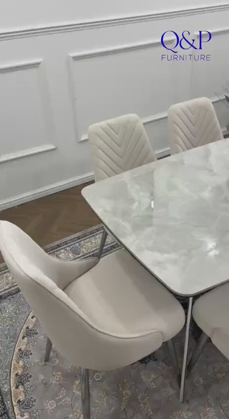 Savello Luxury Grey Marble-Effect Dining Set – 4 or 6 Beige or Grey Chairs
