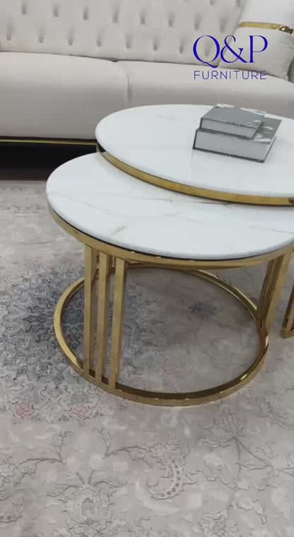 Celine Sintered Stone Nesting Coffee Tables – White &amp; Gold