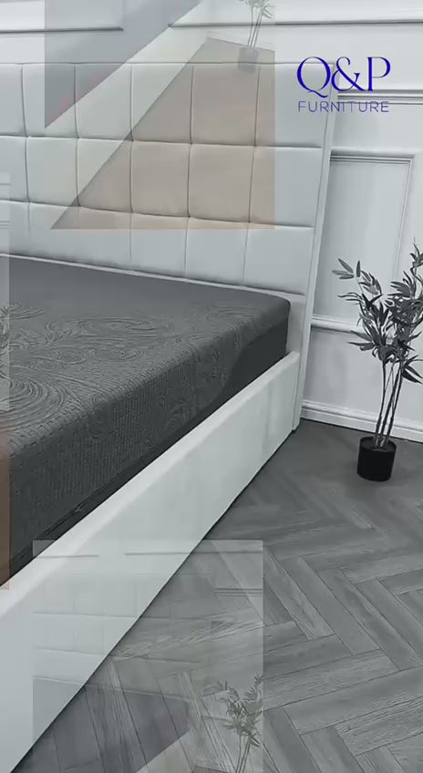 Velora Panel Upholstered Storage Bed – Modern Grey &amp; Beige Bed with Hydraulic Lift