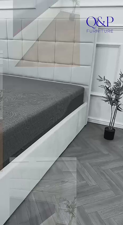 Velora Panel Upholstered Storage Bed – Modern Grey &amp; Beige Bed with Hydraulic Lift