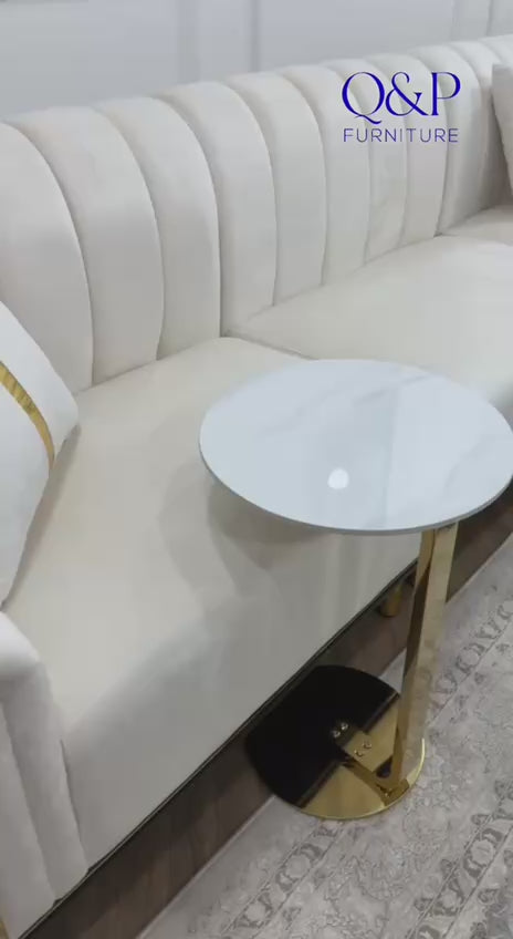 Vento C-Shaped Side Table – Round Marble Effect Top with Metal Base Sofa End Table