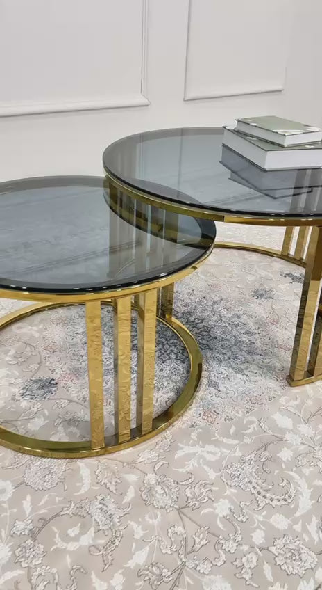 Luna 2-Piece Gold &amp; Smoked Glass Nesting Coffee Table Set