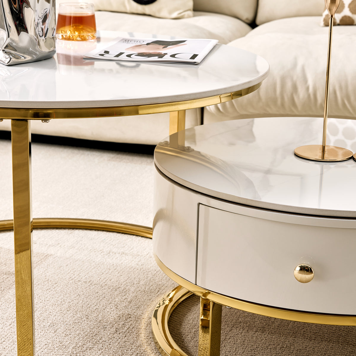 Opal Nesting Coffee Table Set with Storage Drawer – Marble Effect