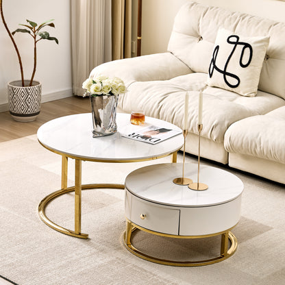 Opal Nesting Coffee Table Set with Storage Drawer – Marble Effect