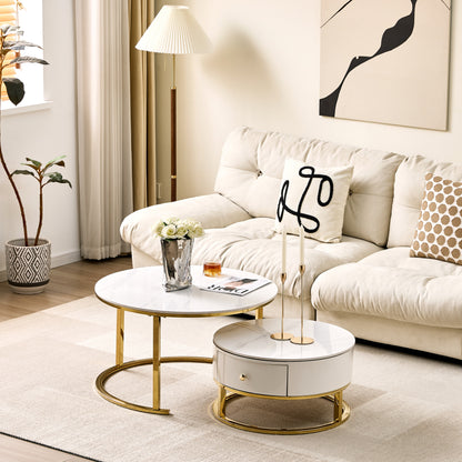 Opal Nesting Coffee Table Set with Storage Drawer – Marble Effect