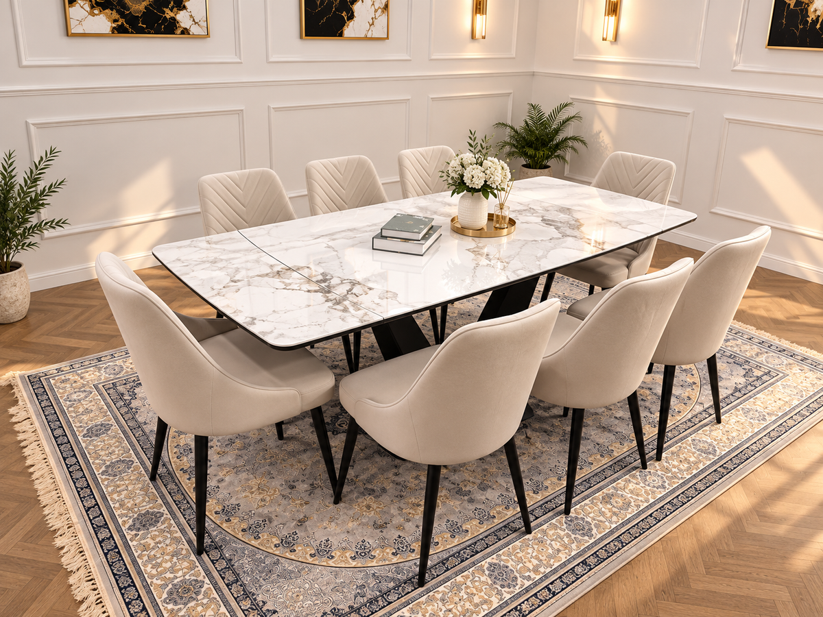 Bellaro Luxury Extendable Marble-Effect Dining Set – 6 or 8 Grey Chairs