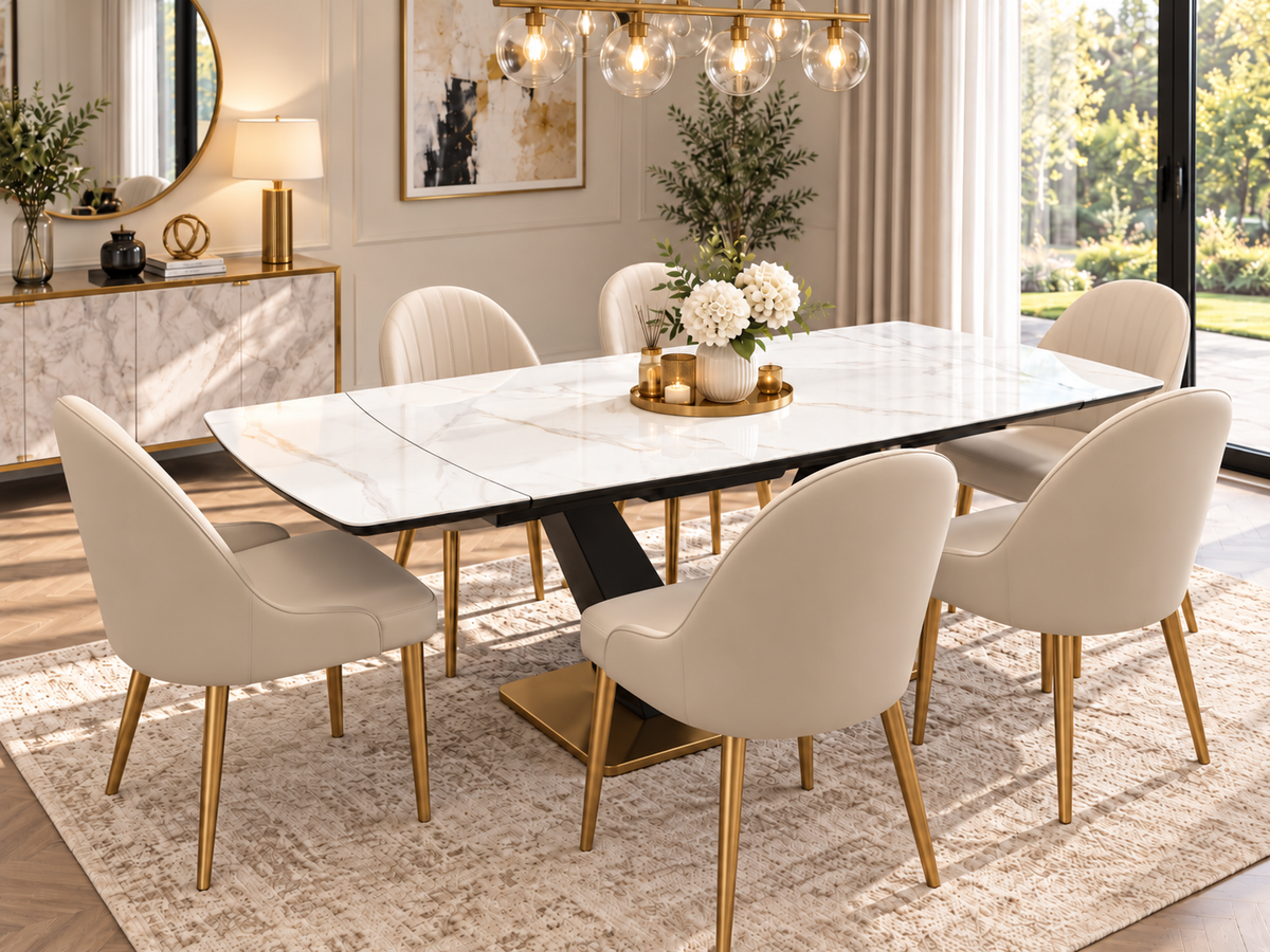 Elara Luxury Extendable Marble-Effect Dining Table Set