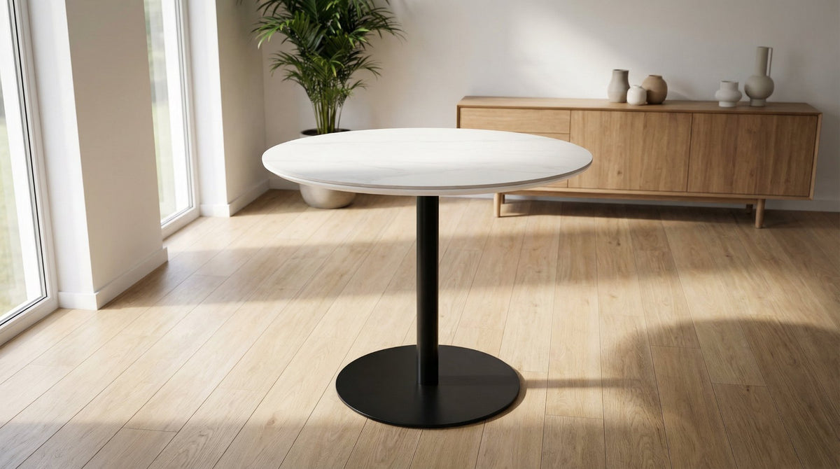 Light Gray Luxe Folding Round Dining Table – Silver Chrome, Gold Chrome &amp; Matt Black